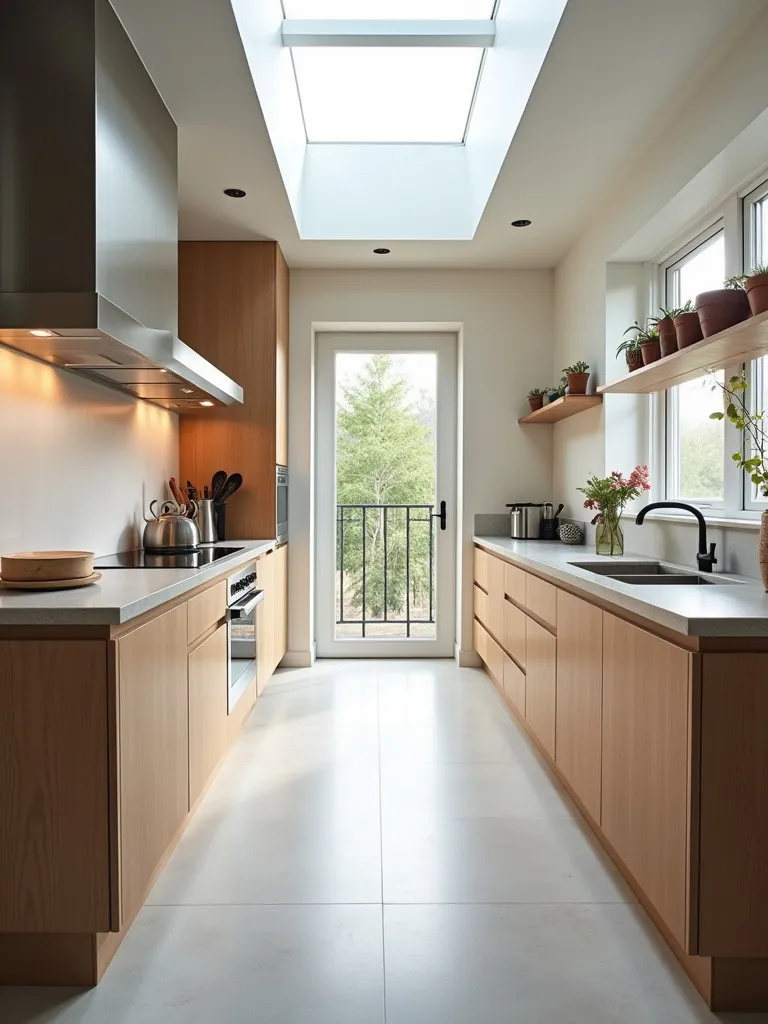 Linear galley kitchen with smart storage and skylight, showcasing efficient use of space