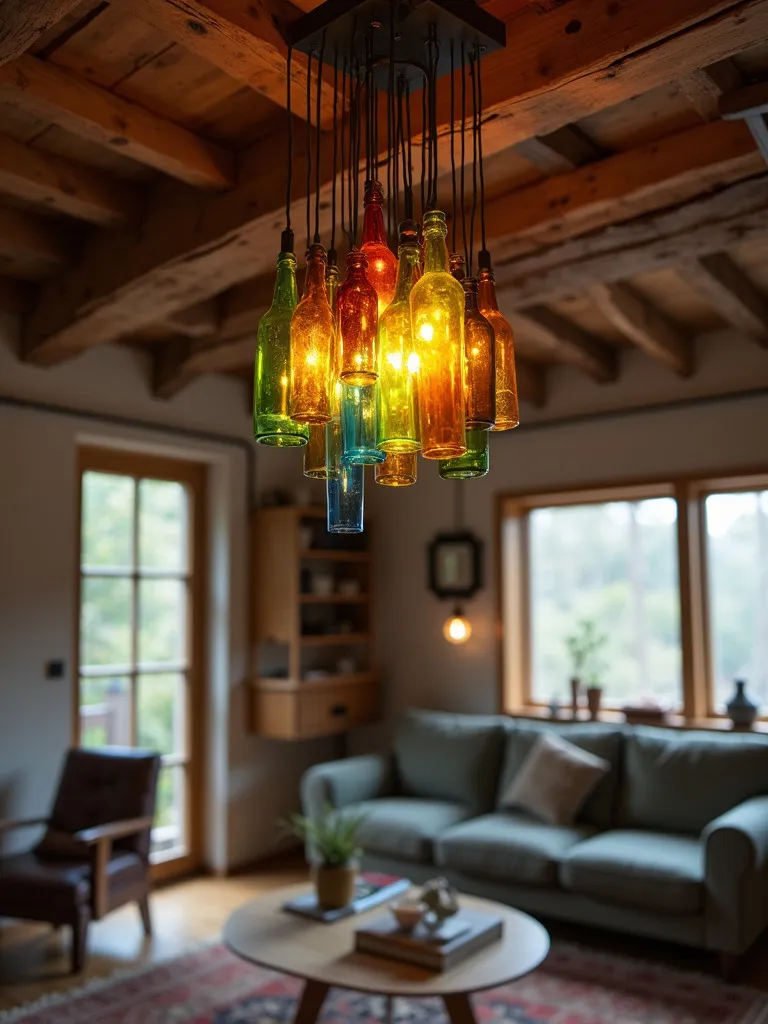 Living room featuring pendant light made from colorful recycled glass bottles