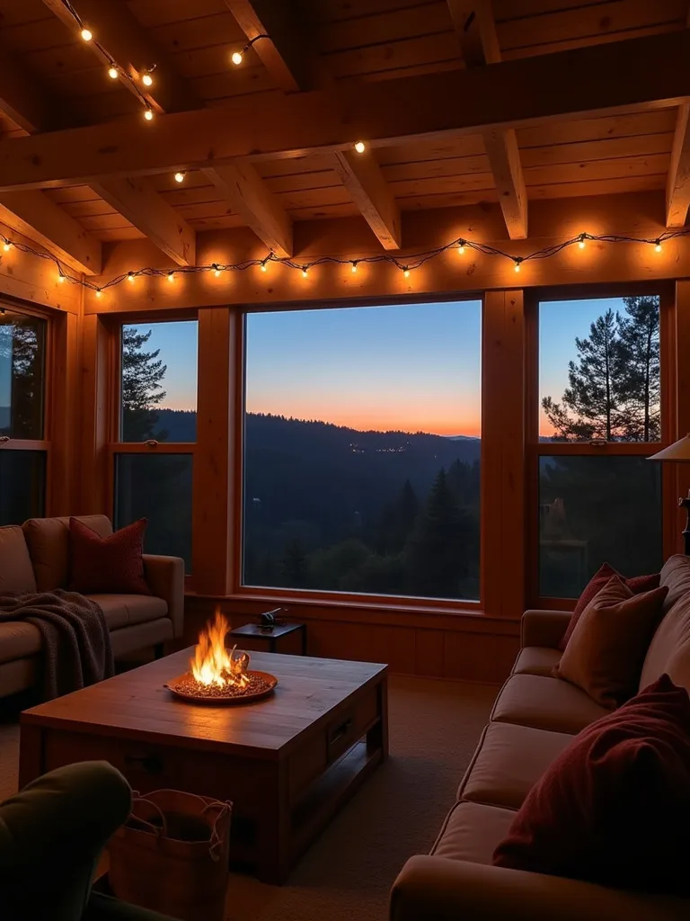 Living room with LED string lights on wooden beams and sunset view