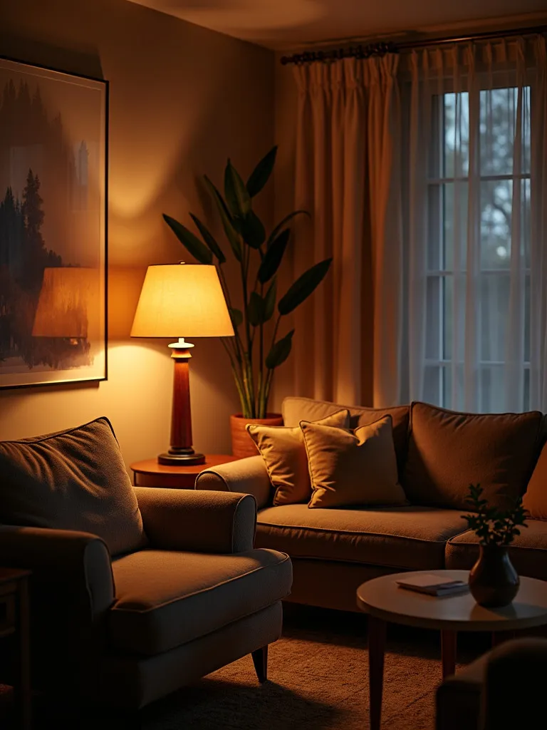 Living room with modern and traditional table lamps illuminating furniture