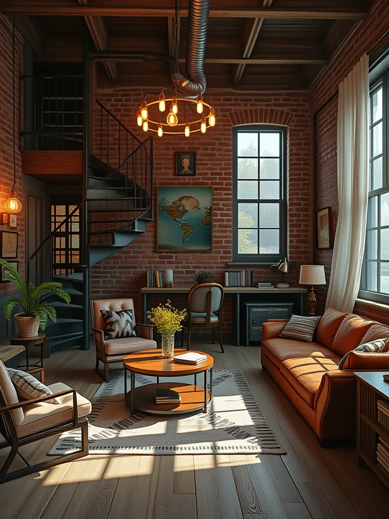 Loft style rustic living room with industrial elements and pendant lighting