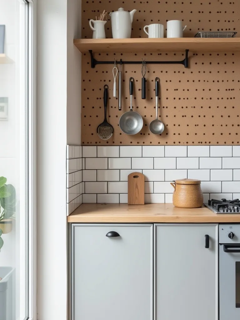 Low angle view of Scandinavian pegboard wall with hanging kitchen utensils