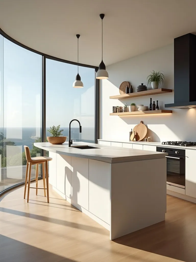 Low angle view of kitchen with curved island, floating shelves, and large panoramic window