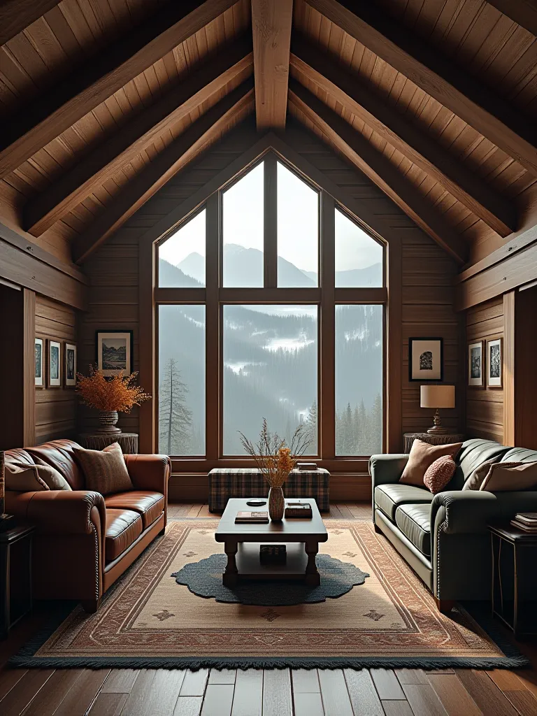 Low angle view of rustic living room with leather and plaid furniture