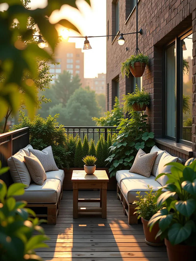 Lush urban balcony with vertical garden, compact furniture, and golden hour lighting
