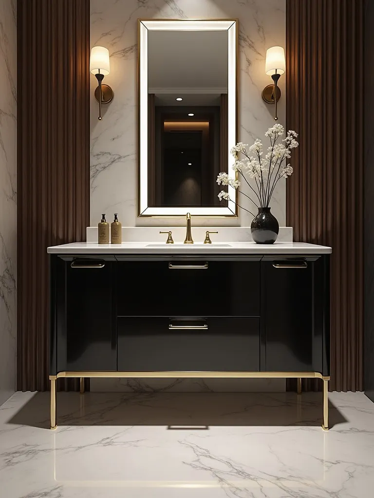 Luxe bathroom with glossy black double vanity and gold hardware