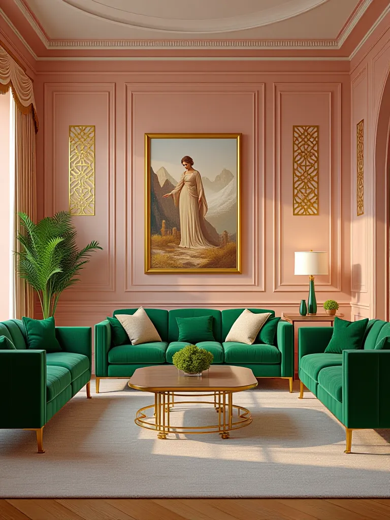 Luxurious Art Deco living room with pink and gold walls and green furniture