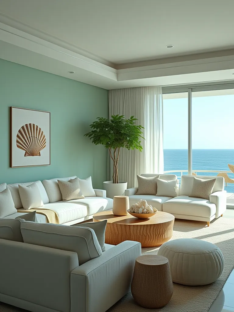 Luxurious coastal living room featuring glossy green walls and driftwood accents