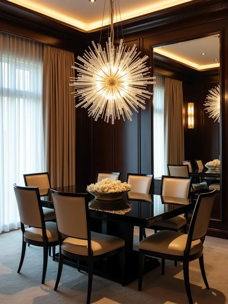 Luxurious dining space featuring dramatic sunburst chandelier with crystals