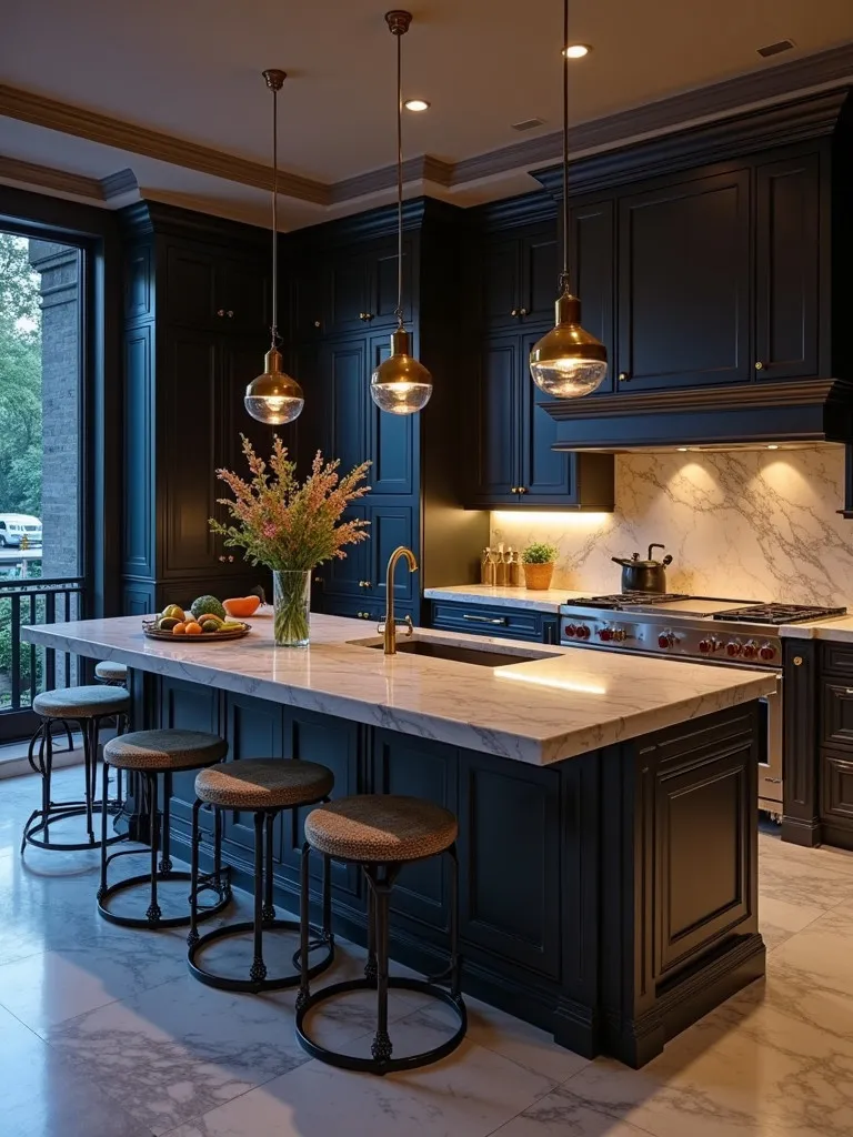 Luxurious kitchen with marble countertops and brass fixtures at blue hour