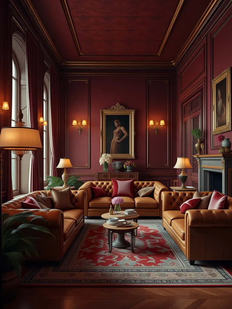 Luxurious living room with burgundy grasscloth walls and leather sofas