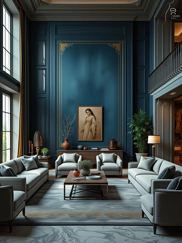 Luxurious living room with deep blue accent wall and gold metallic finish