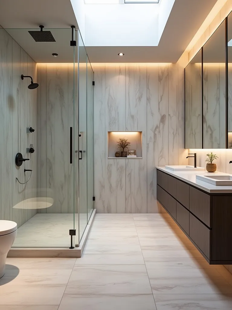 Luxurious modern bathroom with large walk in shower and ambient lighting