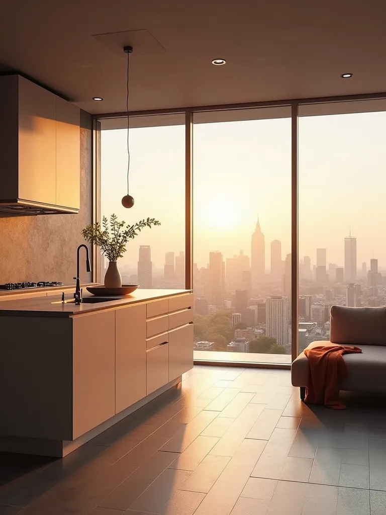 Luxurious modern kitchen with cityscape view and warm lighting
