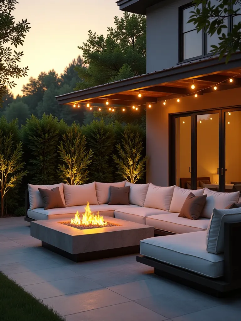 Luxurious outdoor seating area with modern furniture and ambient lighting