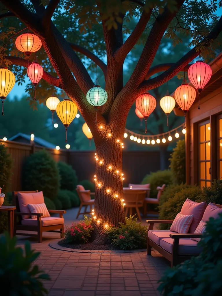 Magical patio with colorful lanterns in trees and fairy lights on central trunk