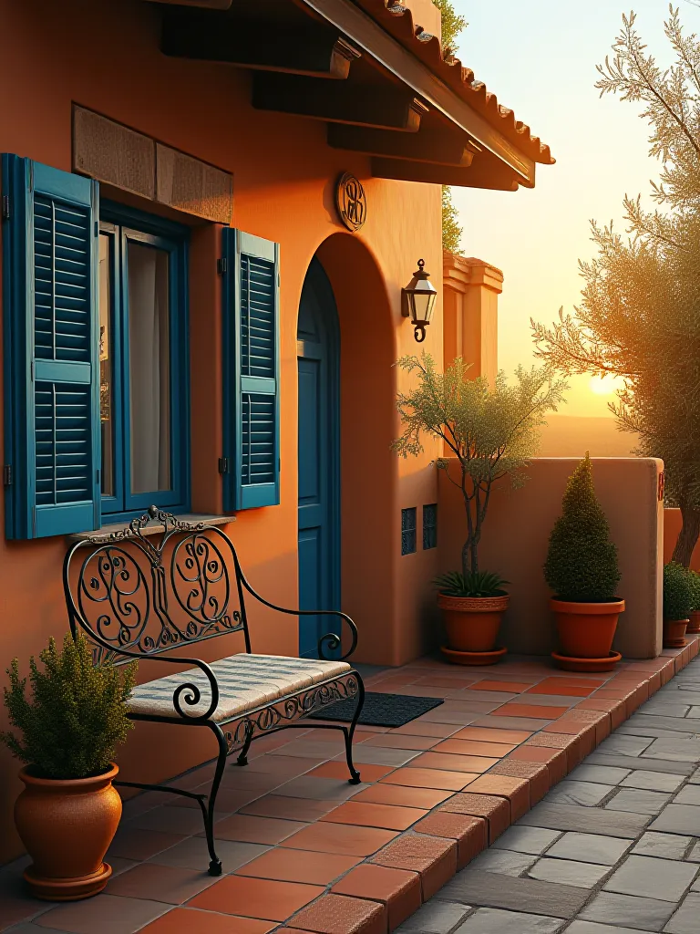 Mediterranean style porch with terracotta floor, ochre walls, and blue shutters at sunset