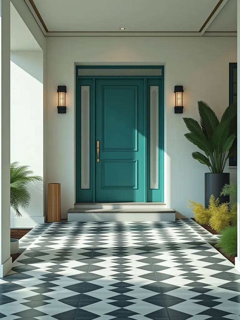 Mid century porch with geometric floor pattern and teal door