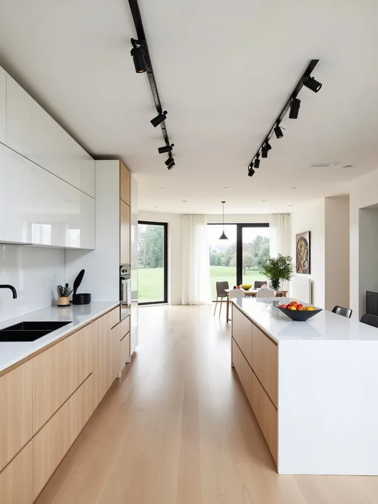 Minimalist Scandinavian kitchen featuring sleek black track lighting system