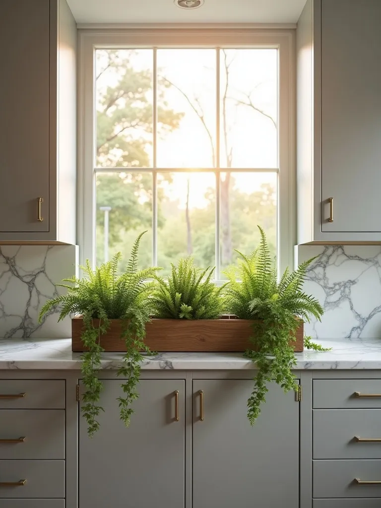 Minimalist Scandinavian kitchen with built in planter box filled with ferns