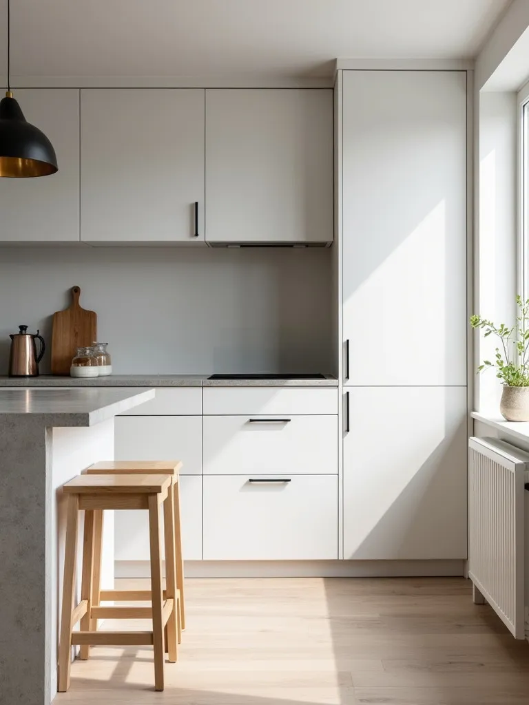 Minimalist Scandinavian kitchen with handleless cabinets and concrete countertop