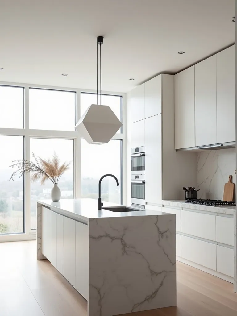 Minimalist Scandinavian kitchen with large geometric pendant light over marble island