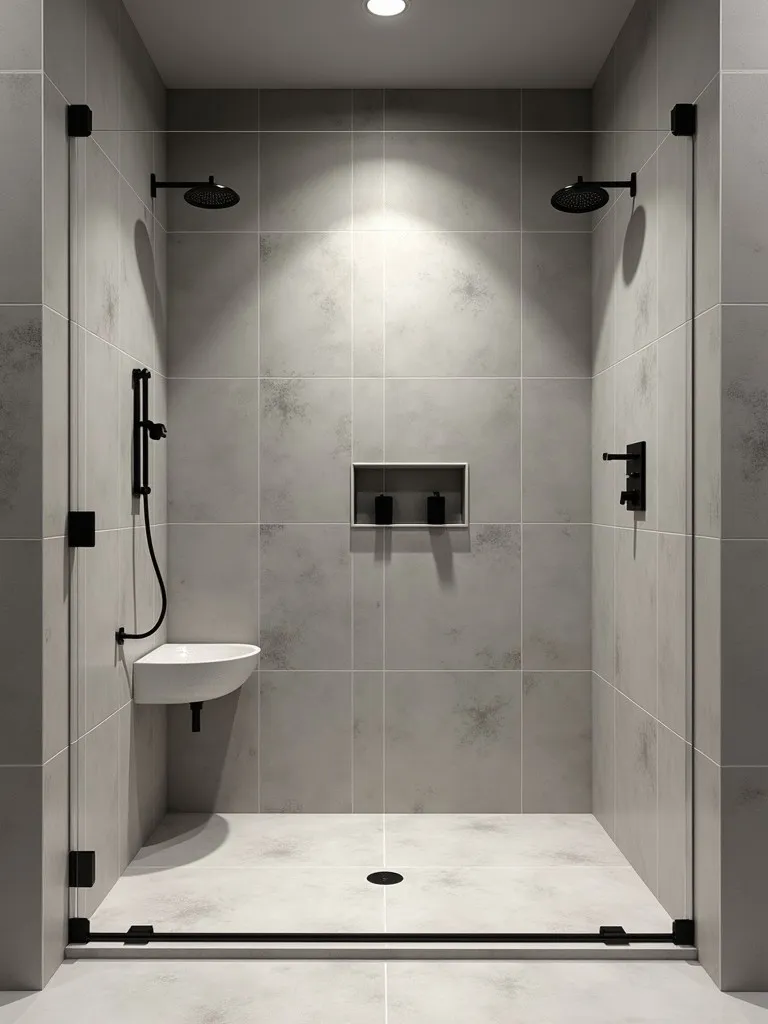 Minimalist bathroom with curbless shower and matte black fixtures