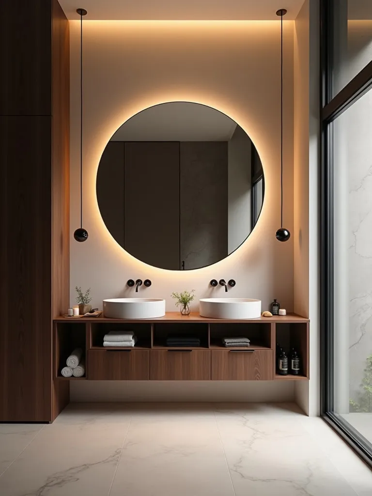 Minimalist bathroom with floating dark wood double vanity and circular mirror