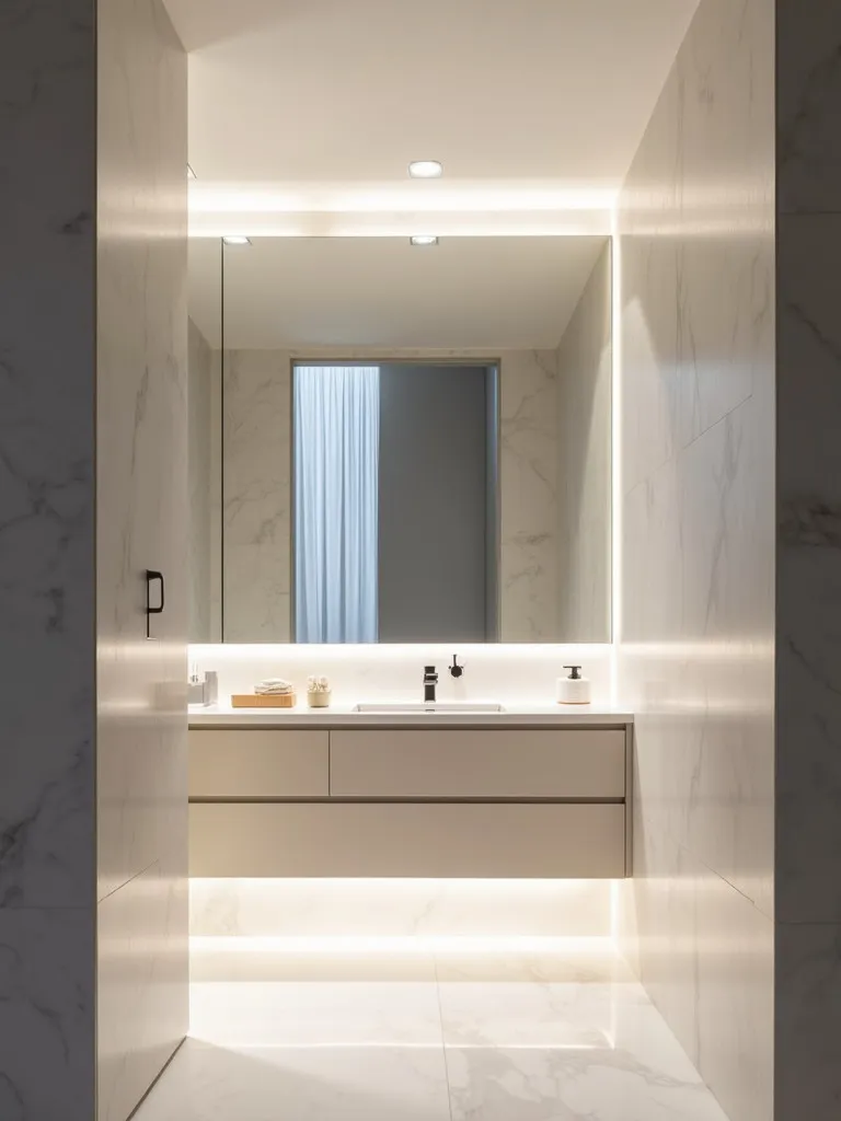 Minimalist bathroom with floating vanity and backlit mirror