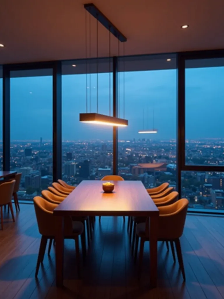 Minimalist dining room with LED light fixture and city view