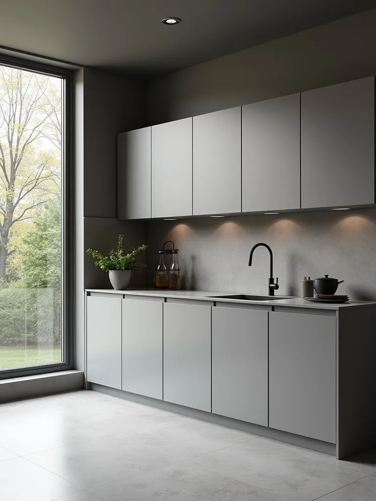 Minimalist gray kitchen with handleless cabinets and large window