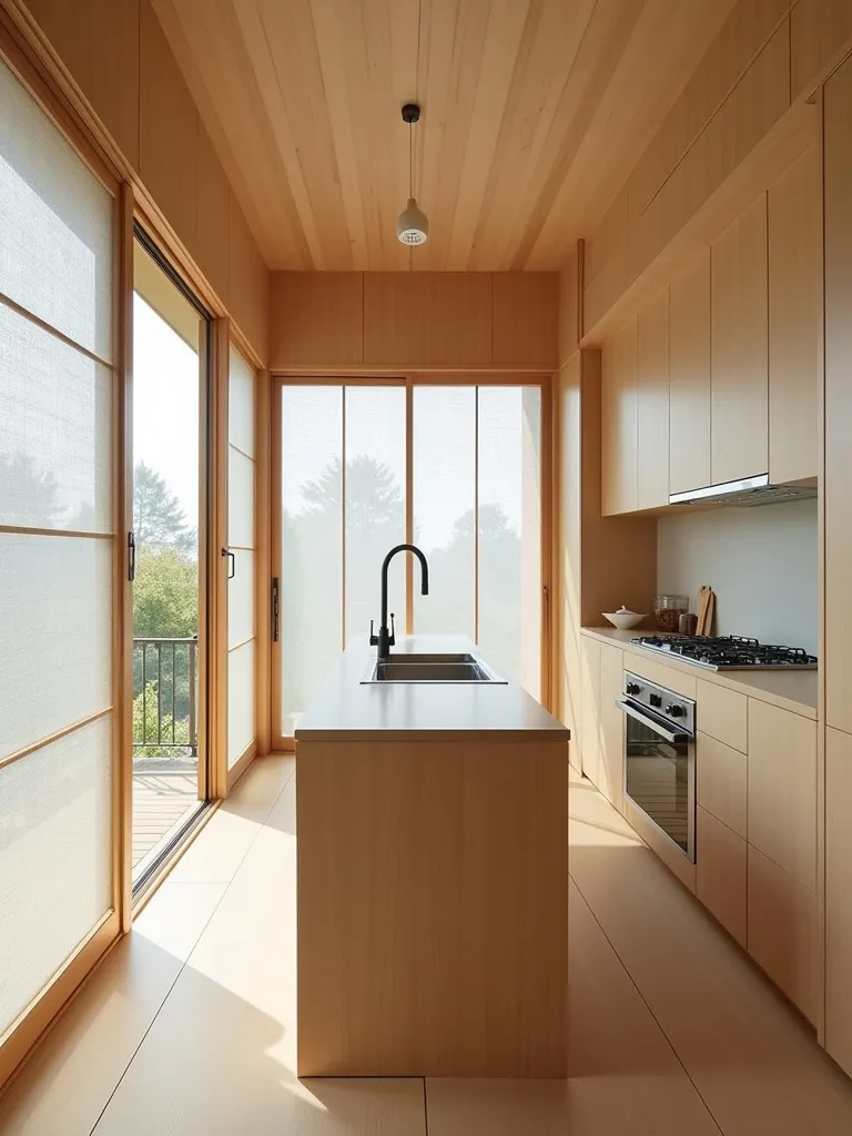 Minimalist kitchen with Japanese elements and central island for tea preparation