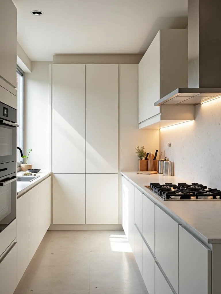 Minimalist kitchen with handleless cabinets and statement light fixture