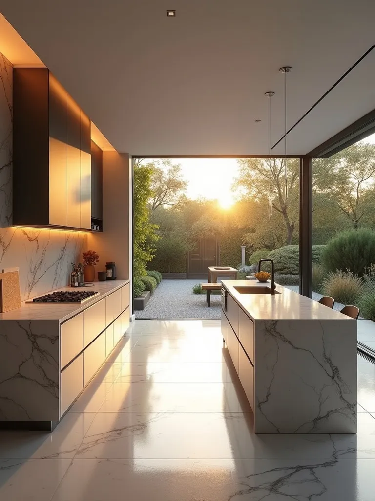 Minimalist kitchen with marble island and view of zen garden