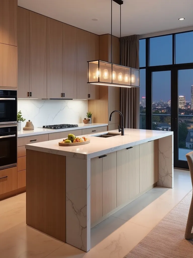 Minimalist kitchen with wood cabinets, white island, and city view