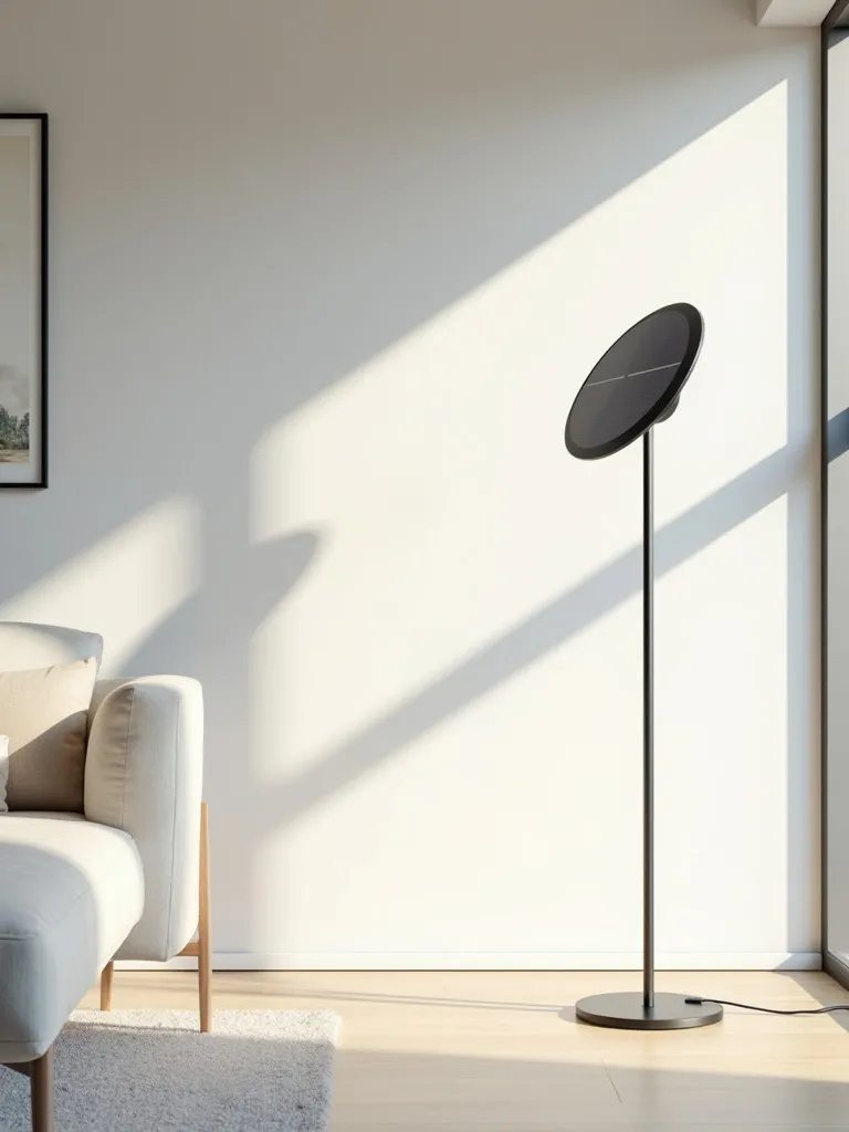Minimalist living room featuring solar powered lamps near large windows
