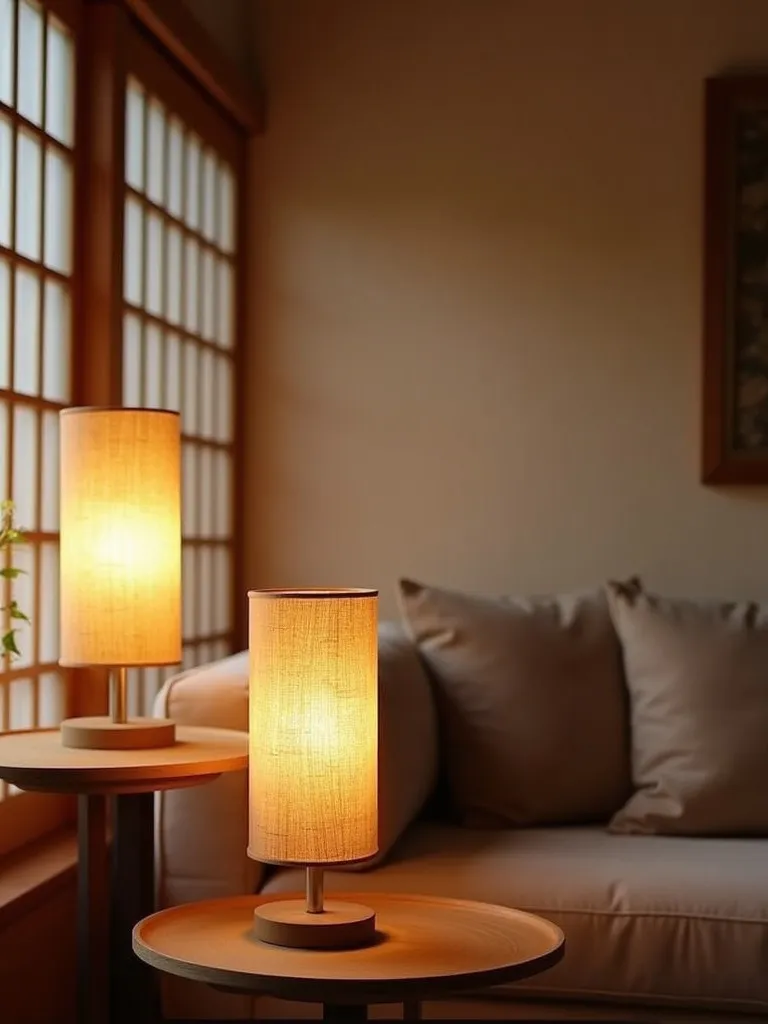 Minimalist living room featuring warm glowing bamboo lamps and low sofa