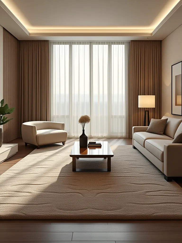 Minimalist living room with large neutral wool rug and sleek furniture