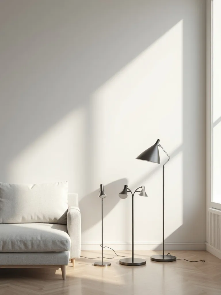 Minimalist living room with sculptural metallic table lamps casting dramatic shadows