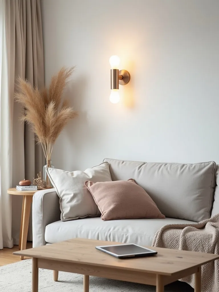 Minimalist living room with smart lighting controlled by tablet