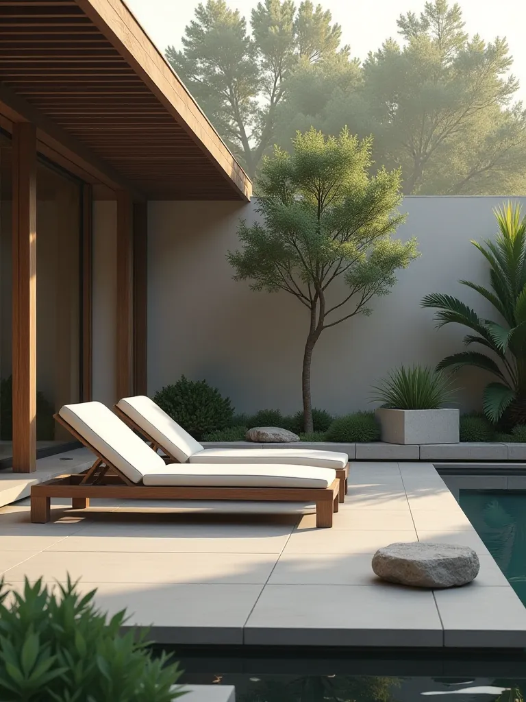 Minimalist patio with teak chairs, water feature, and ornamental grasses in morning mist