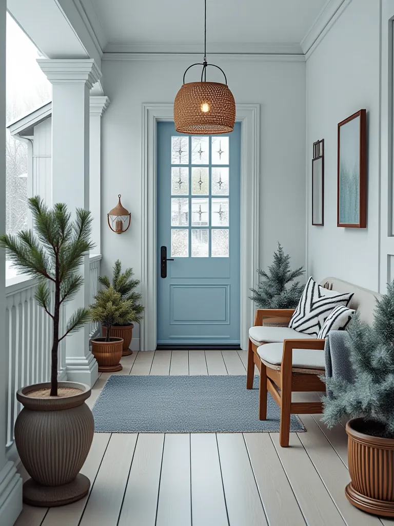 Minimalist porch with light wood and white color scheme, featuring evergreens in snow