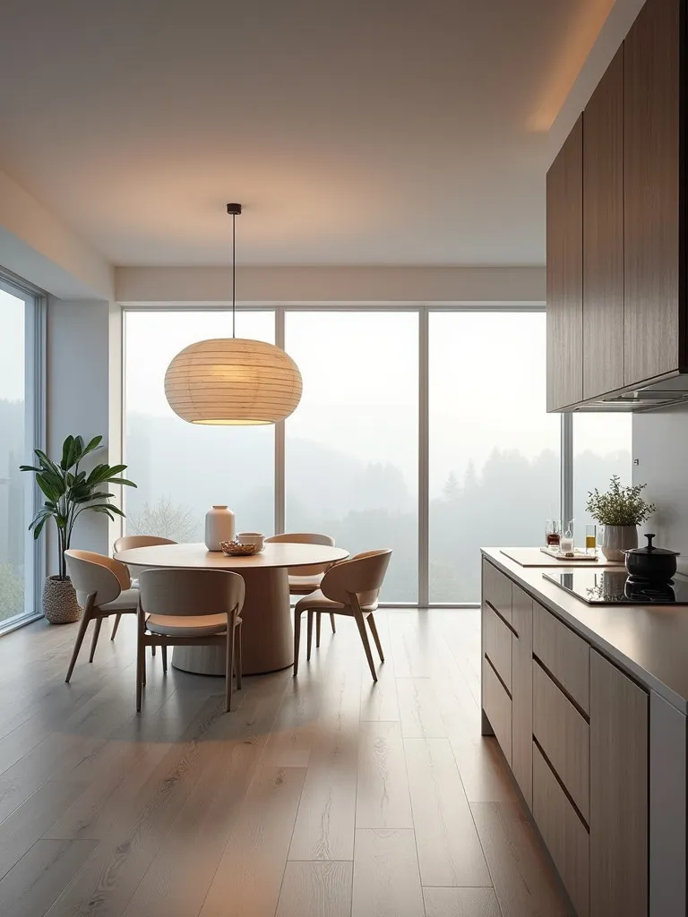 Misty morning Scandinavian kitchen featuring dramatic oversized paper lantern light