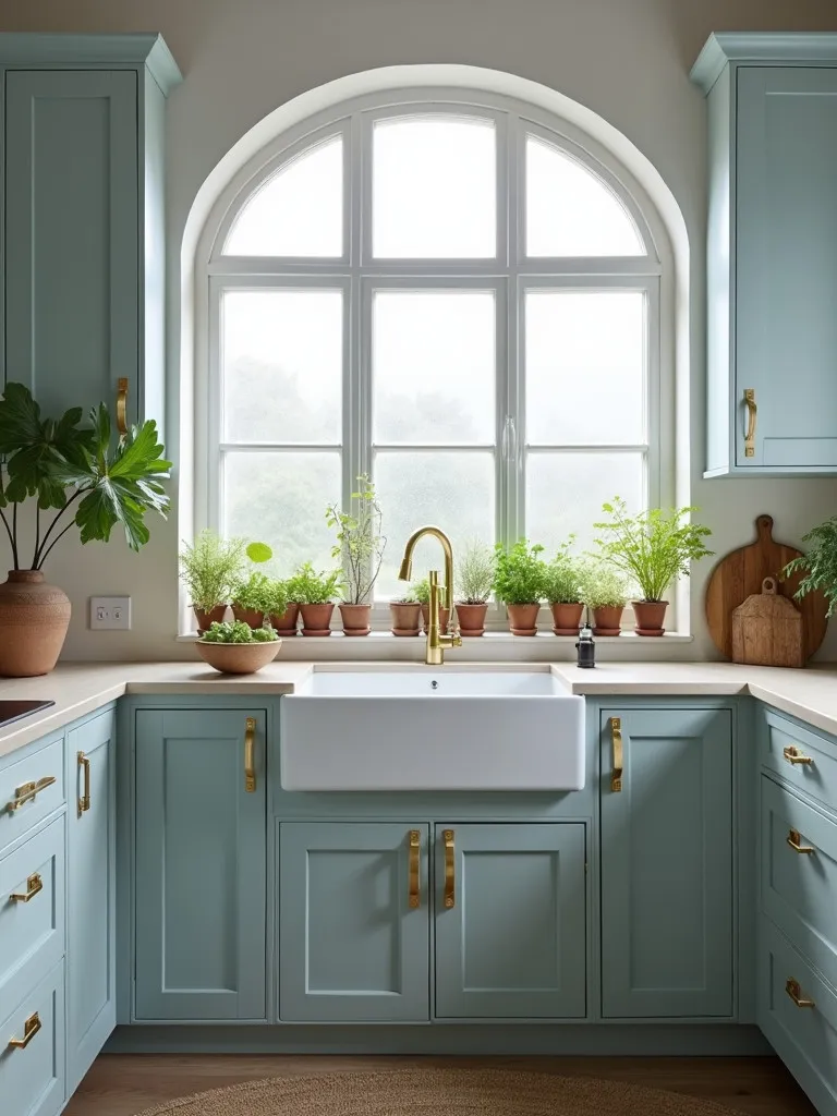Misty morning light in Scandinavian kitchen with window sill herb garden