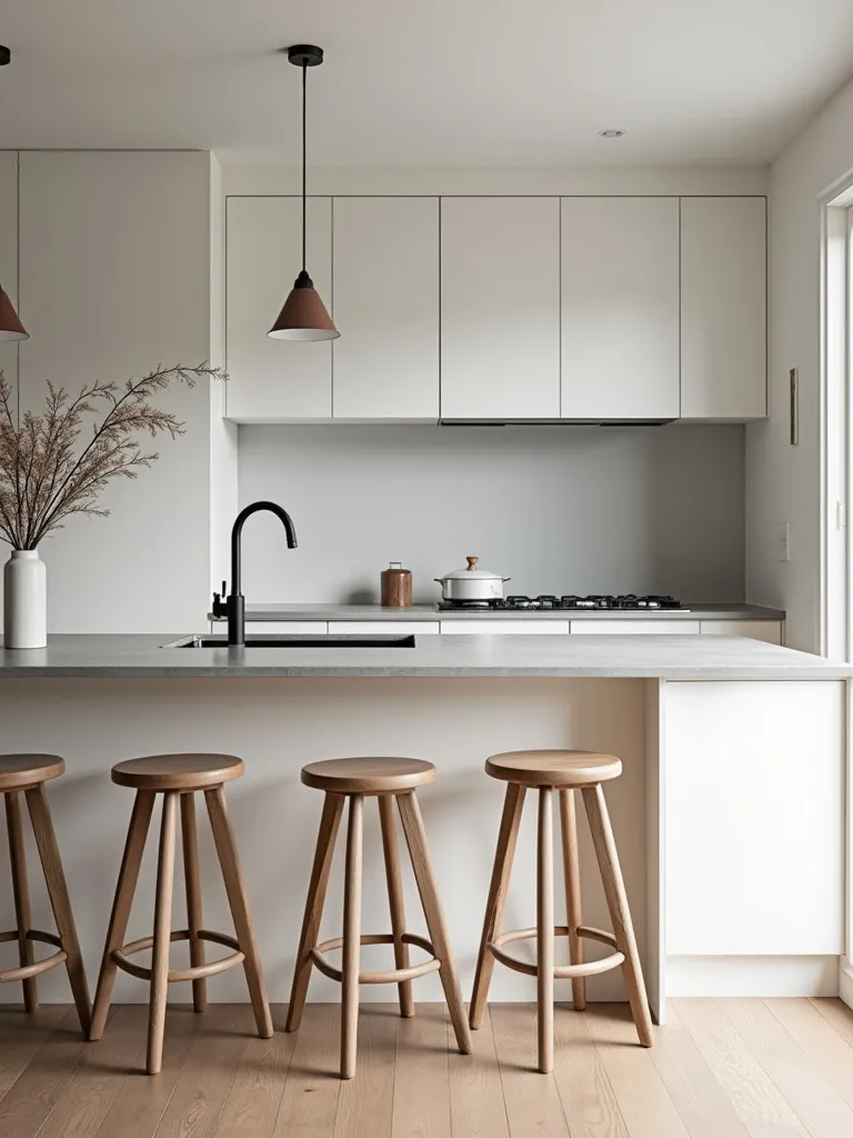 Modern Scandinavian kitchen featuring clean lines and wooden bar stools