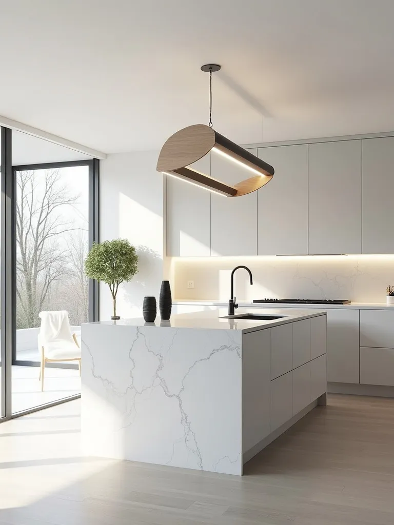 Modern Scandinavian kitchen featuring dramatic pendant light and natural light