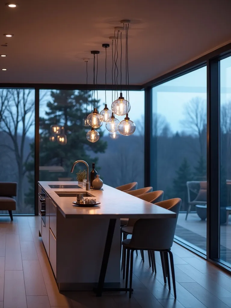 Modern Scandinavian kitchen featuring multiple glass globe pendant lights
