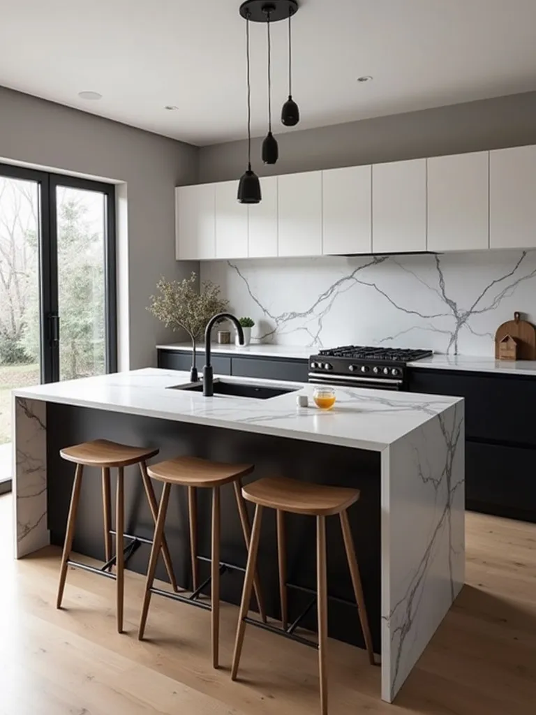Modern Scandinavian kitchen featuring waterfall marble island and wooden stools