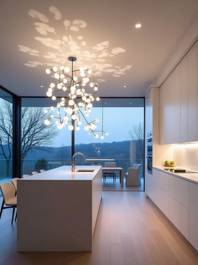 Modern Scandinavian kitchen with sculptural LED light fixture casting patterns on walls
