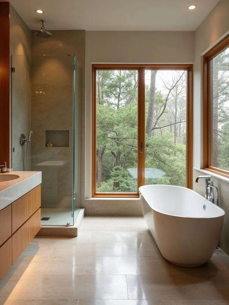 Modern bathroom with freestanding tub and walk in shower separated by glass
